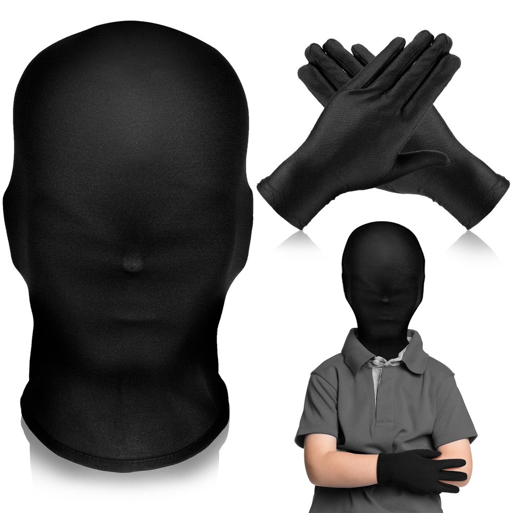 2 Pcs Halloween Kids Faceless Mask and Gloves Costume Set Full Face Mask Full Finger Spandex Gloves for Masquerade Cosplay