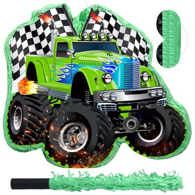 Faccito Piata Truck Race Car of Monster with Blindfold and Stick, Green Small Racing Piata for Boys Party Decoration, 14.1 x 12.6 x 3.2 Inch for Race Car Theme Birthday Baby Shower Party Supplies