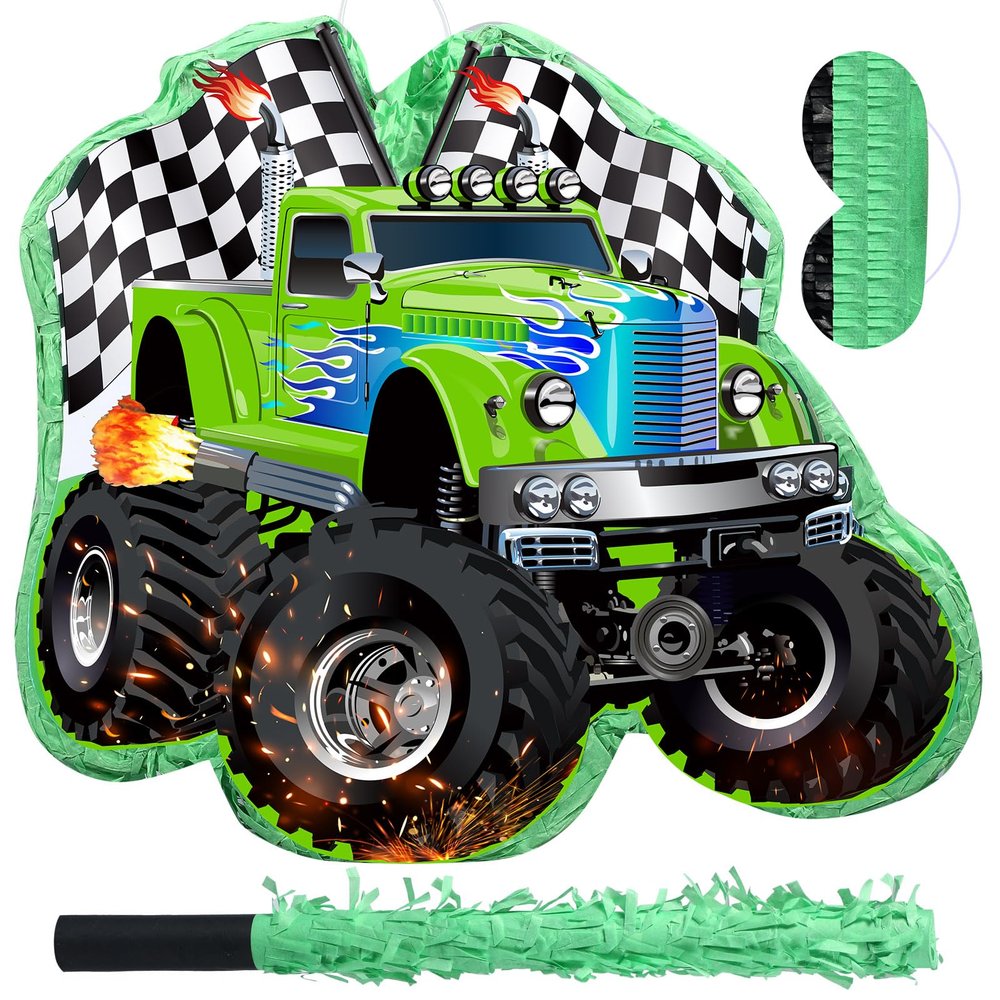 Faccito Piata Truck Race Car of Monster with Blindfold and Stick, Green Small Racing Piata for Boys Party Decoration, 14.1 x 12.6 x 3.2 Inch for Race Car Theme Birthday Baby Shower Party Supplies