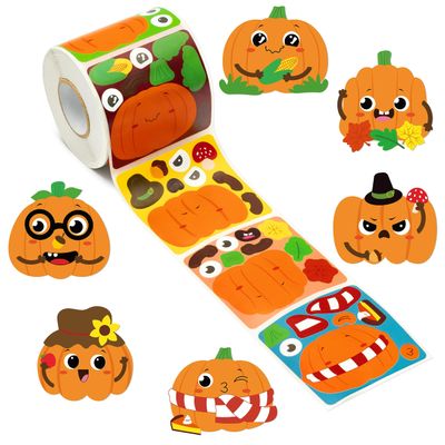 Haooryx Fall Pumpkin Stickers Roll - 300pcs Make Your Own Halloween Pumpkin Make A Face Waterproof Vinyl Reusable Laptop Stickers Scrapbook Water Bottle Page Activity Pad Autumn Party Favor Skateboard