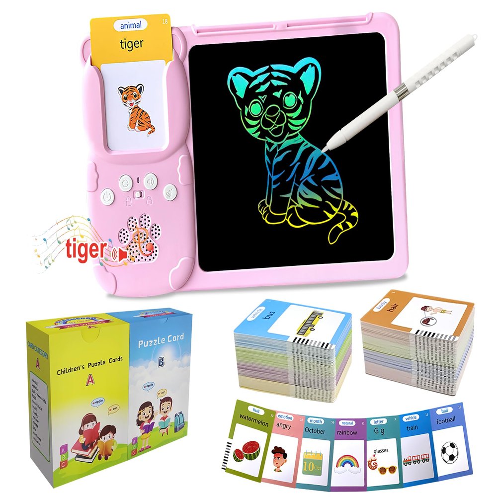 Rylai Toddler Toys Talking Flash Cards, Kindergarten Learning Resources 510 Sight Words with Drawing Tablet for Speaking Doodling, Sensory Toys for Kids with Autism, Boys Girls 2 3 4 5 6, Pink