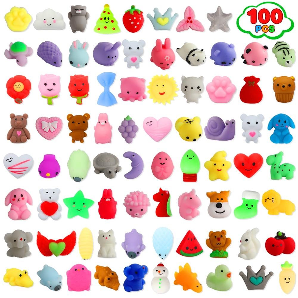 100 Pack Squishies Toys, Tiny Mochi Squishy Fidget Toys Random Bulk Party Favors for Kids 4- 8 8-12 Goodie Bag Pinata Stocking Stuffers Classroom Prizes Treasure Box Egg Fillers Girls