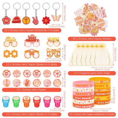 Sasylvia 122 Pcs Groovy Party Favors Retro Hippie Party Gifts Set Silicone Wristbands Keychains Badges Glasses Stickers Boho Stampers Gift Bags for Groovy Birthday Baby Shower Class Reward Supplies