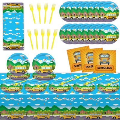 61 Pcs School Bus Party Supplies Back to School Birthday Tableware Set Bus Plates Napkins and Tablecloth Transportation Themed Decorations for Preschool Kindergarten Baby Shower Serves 20 Guests