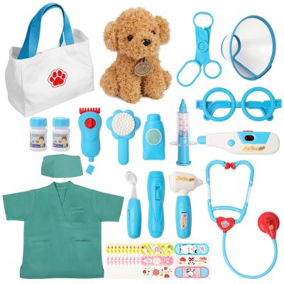 Liberry Doctor Kit for Toddlers 3 4 5 6 Years Old, 28 Pcs Kids Doctor Playset with Dog Toy, Stethoscope and Dress Up Costume, Pretend Play Medical Christmas Gift for Boys Girls (Blue)