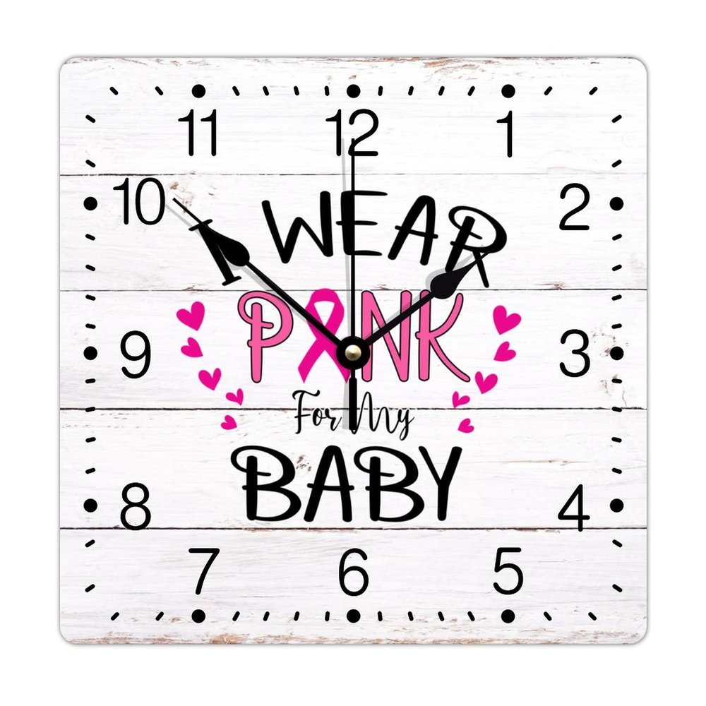 Zyadsinoudor I Wear Pink for Baby PVC Clock Cancer Warrior Pink Ribbon Large Wall Clock 12in Silent Non-Ticking Classic Large Wall Clock Decor for Living Room Bedroom and Kitchen Office