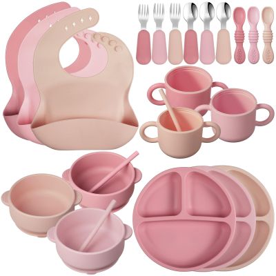 24 Pack Silicone Baby Feeding Set Baby LED Weaning Supplies Includes Suction Divided Plates Soft Bowl Spoons Forks Adjustable Bib Snack Cup and Straws(Dark Pink, Dusty Pink, Peach Color)