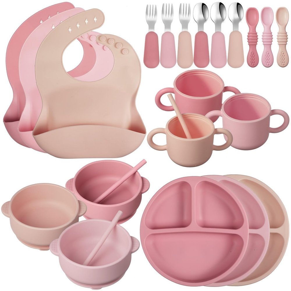 24 Pack Silicone Baby Feeding Set Baby LED Weaning Supplies Includes Suction Divided Plates Soft Bowl Spoons Forks Adjustable Bib Snack Cup and Straws(Dark Pink, Dusty Pink, Peach Color)