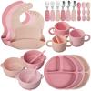 24 Pack Silicone Baby Feeding Set Baby LED Weaning Supplies Includes Suction Divided Plates Soft Bowl Spoons Forks Adjustable Bib Snack Cup and Straws(Dark Pink, Dusty Pink, Peach Color) view 1