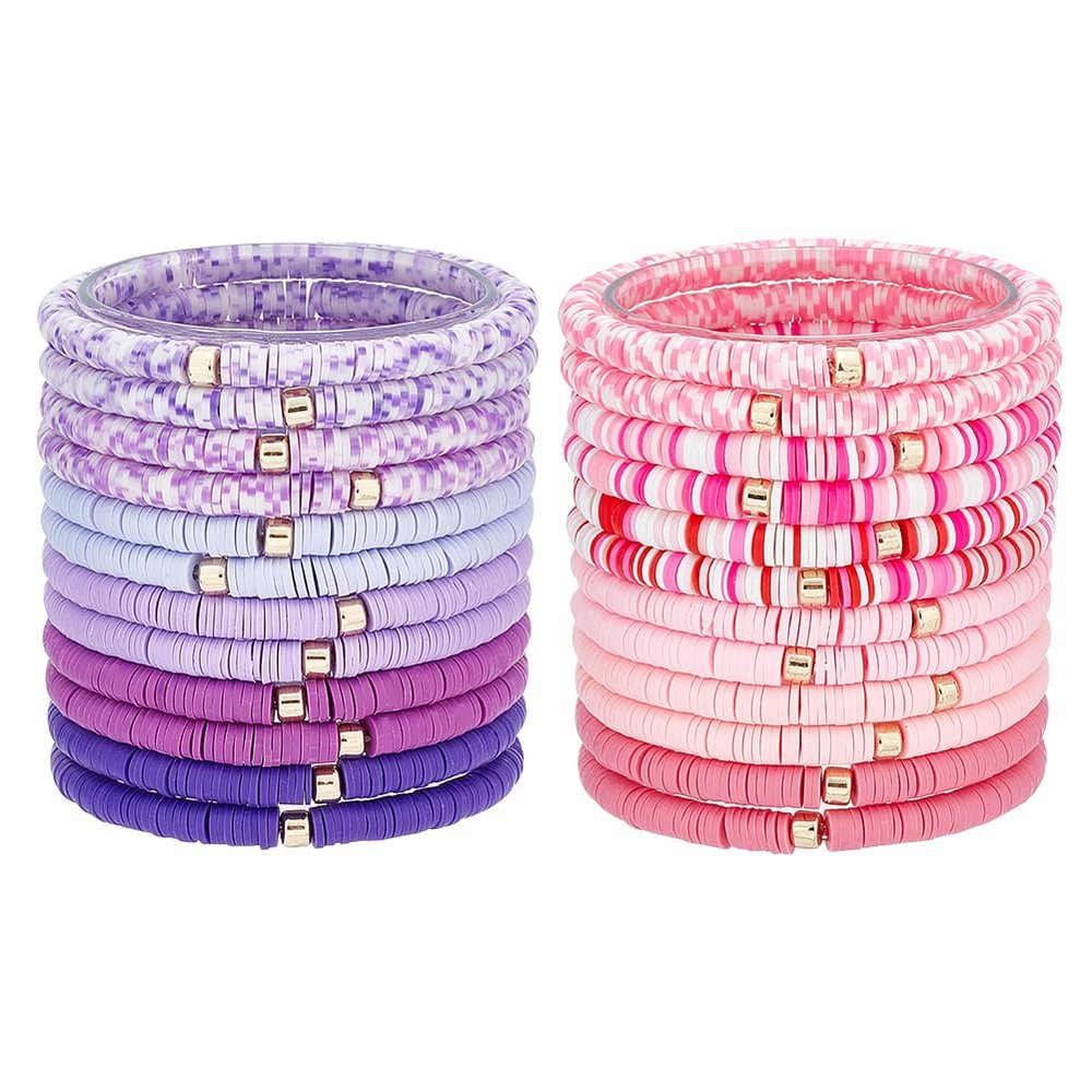 PH PandaHall 24pcs Heishi Surfer Bracelet Set - 12 Styles 6mm Polymer Clay Bead Stretch Stackable Elastic Bohemia Bracelets for Summer Beach, Pink and Purple
