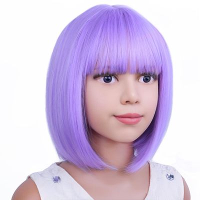 PATTNIUM Kids Purple Wig Child Bob Wig Short Light Purple Wigs for Girls Lavender Purple Bob Hair Cosplay Party Synthetic Rose Net Daily Wear Wigs