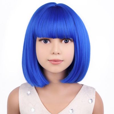 PATTNIUM Kids Blue Wig Child Blue Bob Wig Short Blue Wig for Girls Colored Wigs Dark Blue Bob Wig Cosplay Party Synthetic Rose Net Daily Wear Wig(Dark Blue)