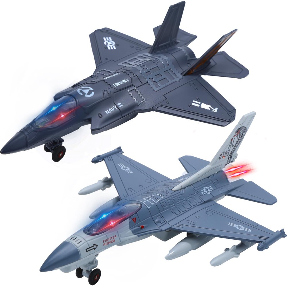 Double Fighter Jet Toy, F35 & F16 Diecast Planes with Lights & Sounds, Pull Back Military Airplane Toy Gift for Toddler,Kids, Boys
