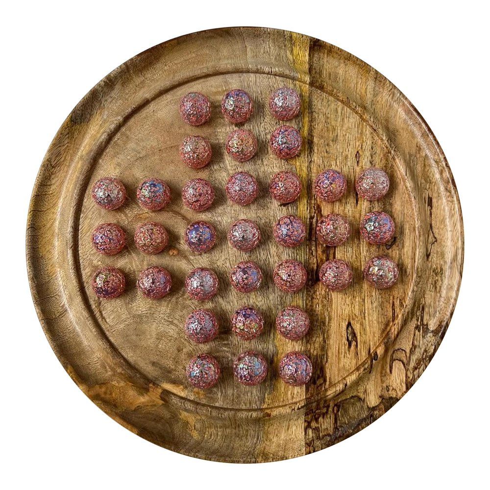 30cm Diameter MANGO WOOD SOLITAIRE BOARD GAME with SPARKLING PRINCESS GLASS MARBLES | |classic wooden solitaire game | strategy board game | family board game | games for one | board games