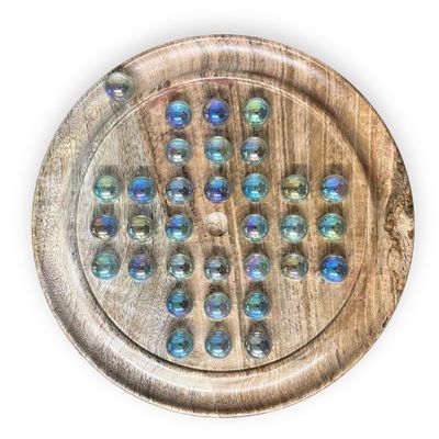 30cm Diameter MANGO WOOD SOLITAIRE BOARD GAME with SOAP BUBBLE GLASS MARBLES | |classic wooden solitaire game | strategy board game | family board game | games for one | board games
