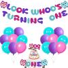 Cartoon Owl 1st Birthday Party Decorations for Boys Girls with Look Whoo's Turning One Banner Latex Balloon, Owl One Cake Topper for Kids First Birthday Decoration Supplies view 1