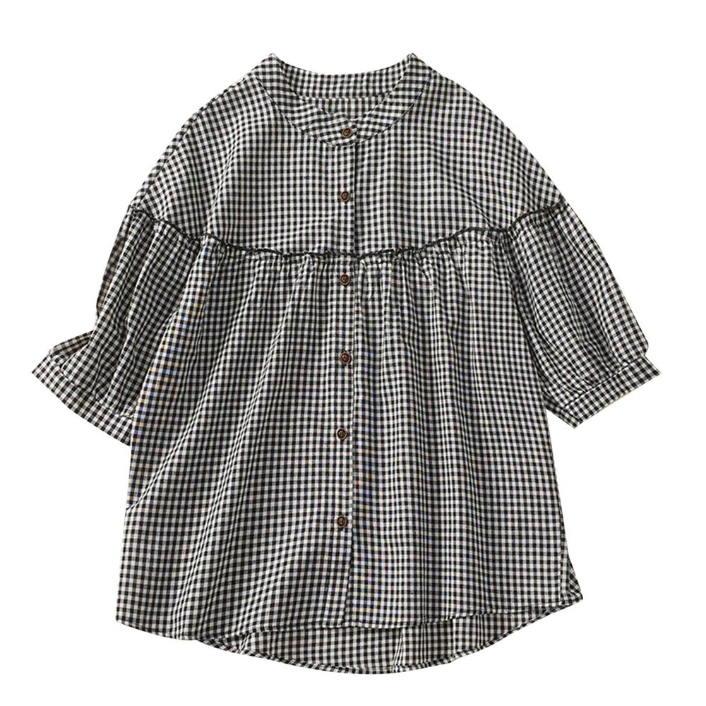 Women's Literary Plaid Shirt Loose and Slim Fashionable and Versatile Thin Doll Shirt Top Work Tops Juniors Black