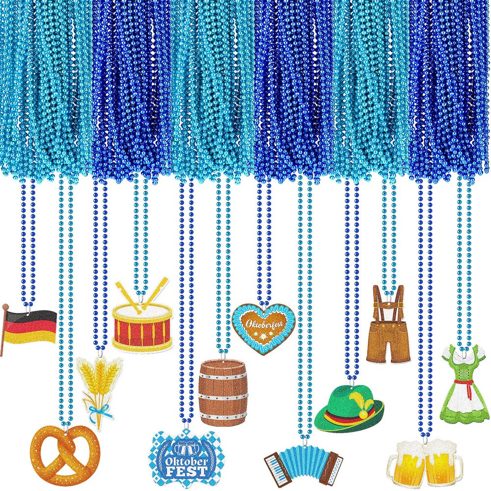 Sasylvia 60 Pcs Oktoberfest Bead Necklaces Bulk German Beer Festival Necklaces Bavarian German Party Necklace Bead Favors Metallic Blue Oktoberfest Necklace for Oktoberfest Party Favors, 12 Styles