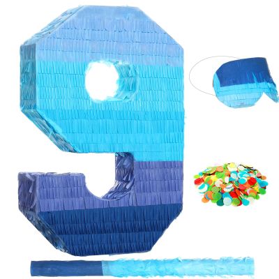 Sratte Number 1 2 3 4 5 6 7 8 9 Piata with Stick Blindfold Confetti, Gradient Blue Piata for Kids Boys Girls Birthday Party Anniversary Decorations Supplies(Number 9)