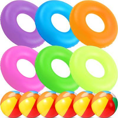 12 Sets Beach Floats, Including 6 Pcs 35 Inch Inflatable Pool Tube for Adults Swimming Rings 6 Pcs 12'' Beach Inflatable Balls for Vacation Decorations Summer Activity Party