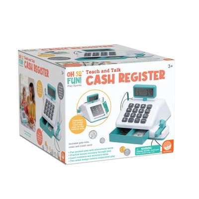 MindWare Oh So Fun! Cash Register with Double-Sided Teach and Talk Design, Scanner, Large Drawer & Play Money Accessories for Kids & Toddlers