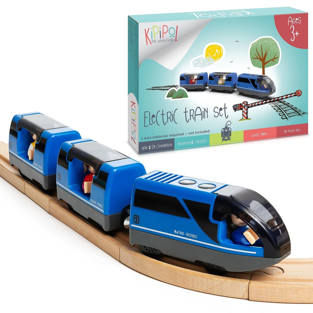 KipiPol Battery Operated Action Locomotive Toy Train Set for Wooden Tracks, (Magnetic)-Compatible with Thomas The Train Toys, Brio Tram Set for Toddlers 3-5 and up, Stocking Stuffers for Kids