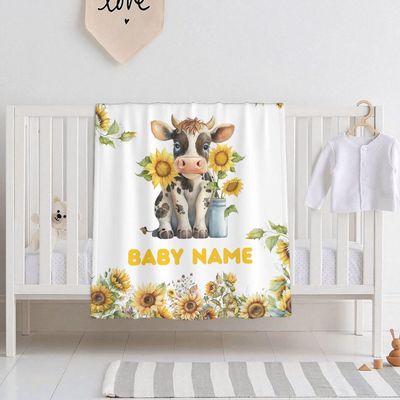 ZOCHOTEN Cow Personalized Baby Blankets, Custom Blanket with Name for Boys Girls,Customized Baby Blanket Gifts for Chrismas Birthday Memorial Day for Shower/Toddler Bed.