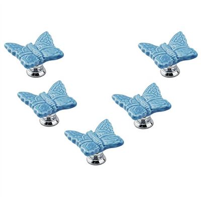 5PCS Blue Cute Butterfly Shape Ceramic Door Knob Handle Pull-Kid's Room Great & Fun Decor Pull Knobs for Cupboard/Cabinet/Wardrobe/Drawer/Bathroom 7 Colors Available(Blue)