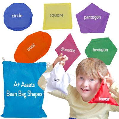 A+ Assets Bean Bags for Kids Shape Bean Bags for Preschool Learning, 8 Pack Educational Manipulatives for Preschoolers, Sensory Toys for Toddlers, Learn Colors & Shapes