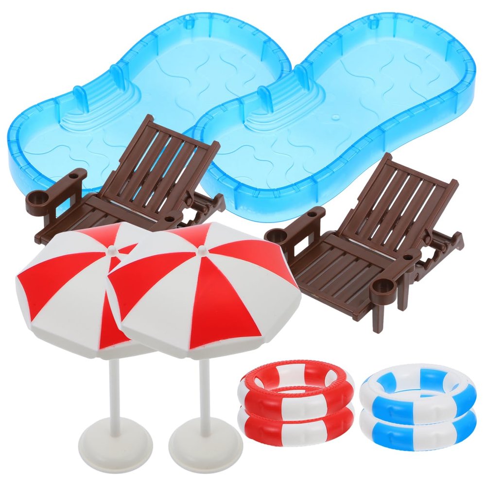 Dollhouse Swimming Pool Decor: 2 Sets Doll Beach Mini Furniture Accessories - Miniature Folding Sunbath Chair - Tiny Parasols and Swimming Rings