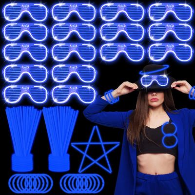 YOFOBU115 PCS Glow in the Dark Party Supplies,100PCS 8Blue Glow Sticks Necklaces Bracelets with Connectors,15Pack Blue LED Glasses,LED Light Up Neon Party Favors for New Year,Valentines Day,July 4th