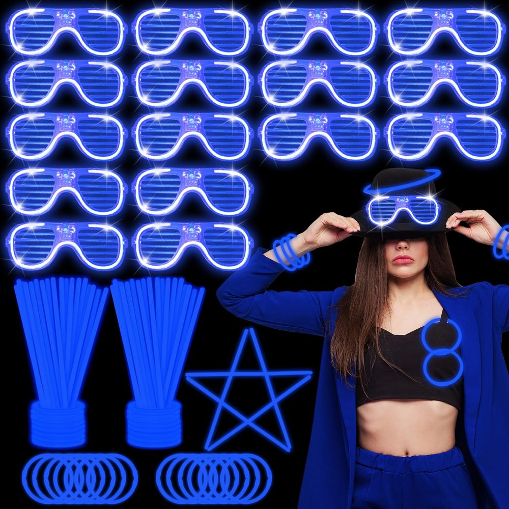 YOFOBU115 PCS Glow in the Dark Party Supplies,100PCS 8Blue Glow Sticks Necklaces Bracelets with Connectors,15Pack Blue LED Glasses,LED Light Up Neon Party Favors for New Year,Valentines Day,July 4th