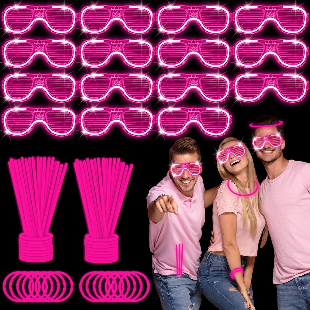 115 PCS Glow in the Dark Party Supplies,100PCS 8 Pink Glow Sticks Necklaces Bracelets with Connectors,15Pack Pink LED Glasses,LED Light Up Toy Neon Party Favors for NewYear,Valentines Day,Wedding
