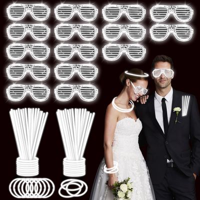 YOFOBU 115 PCS Glow in the Dark Party Supplies,100PCS 8 White Glow Sticks Necklaces Bracelets with Connectors,15Pack White LED Glasses,LED Light Up Toy for Christmas,New Year,July 4th,Wedding