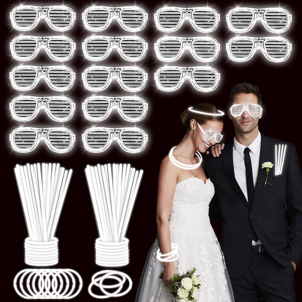 YOFOBU 115 PCS Glow in the Dark Party Supplies,100PCS 8 White Glow Sticks Necklaces Bracelets with Connectors,15Pack White LED Glasses,LED Light Up Toy for Christmas,New Year,July 4th,Wedding