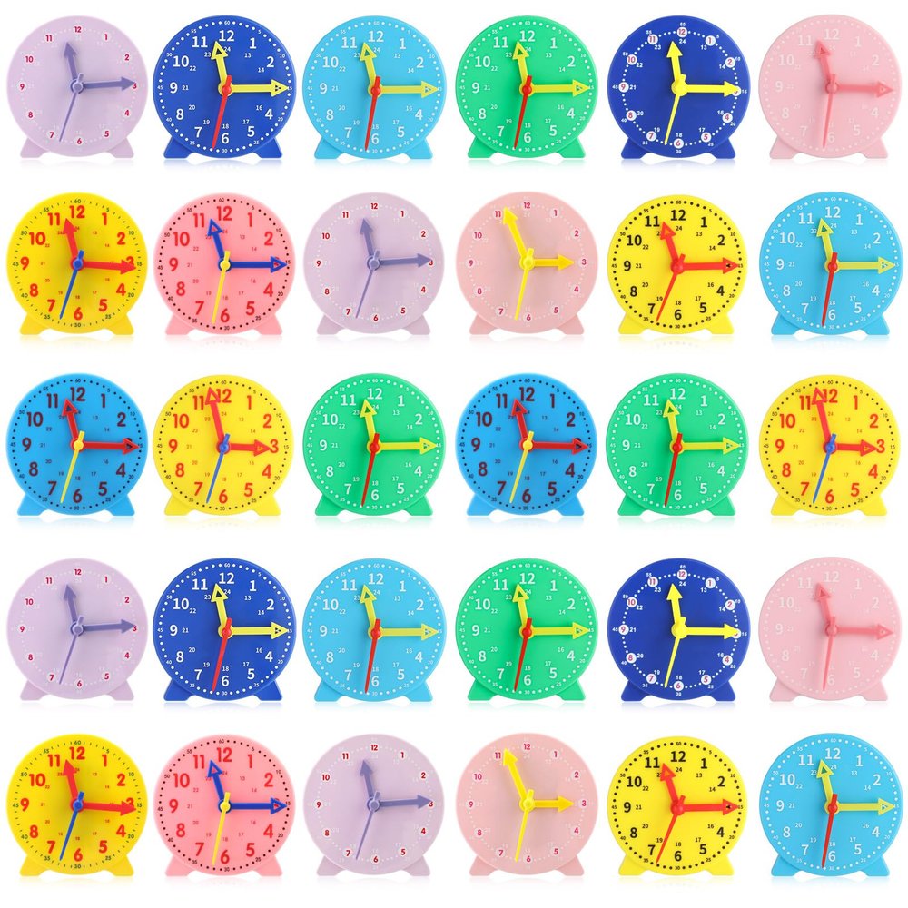 Libima 30 Pieces Tell Time Teaching Clock Kit Time Activity Set Colorful Mini 12/24 Hours Geared Clock for Basic Math Development Supplies, 3.9 Inch