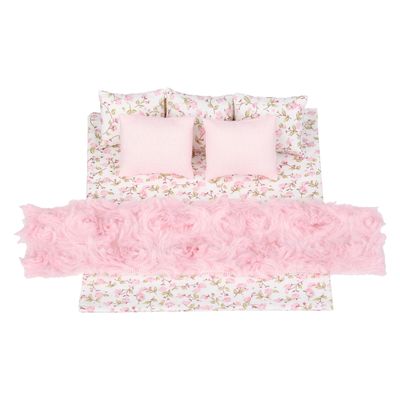 1:12 Scale Dollhouse Bedding Set for 6-Inch Dolls, 7-Piece Pink Comforter, Pillows & Bed Runner, Mini Bed Linen