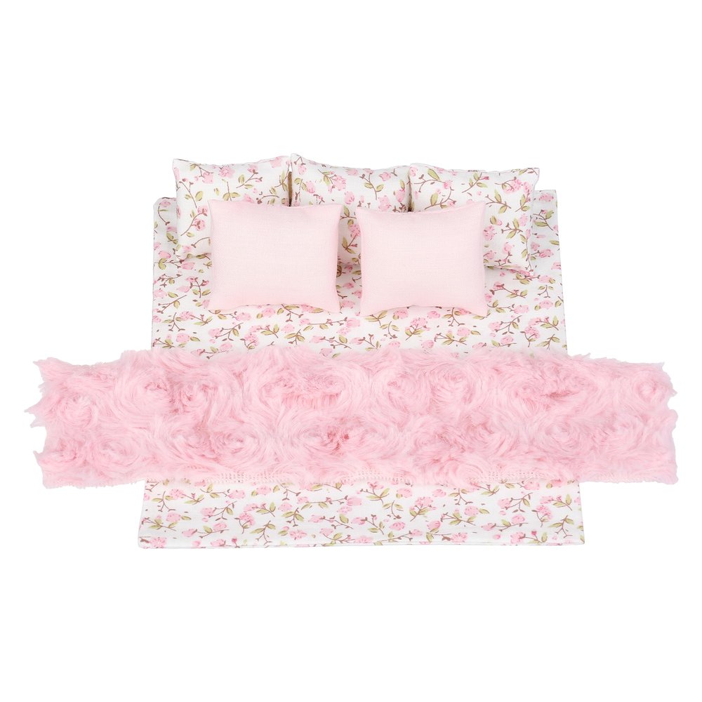 1:12 Scale Dollhouse Bedding Set for 6-Inch Dolls, 7-Piece Pink Comforter, Pillows & Bed Runner, Mini Bed Linen