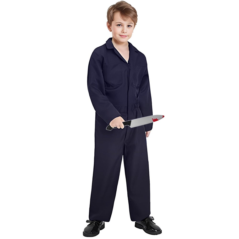 Alaiyaky Costume for Kids, Halloween Cosplay Jumpsuit Costume Coveralls for Boys with Knife Props (Blue - Kids, 8-10Y (120cm))