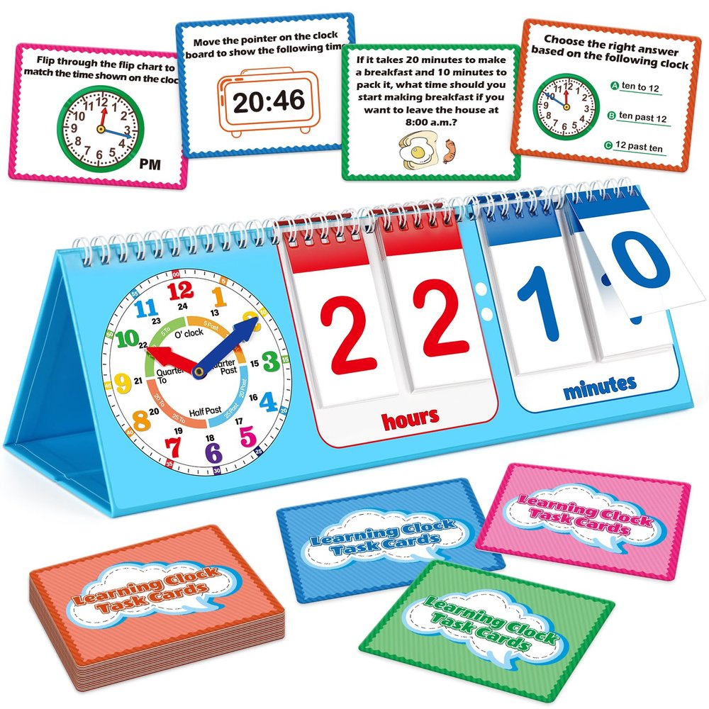Torlam Learning Clock Flip Chart Colorful Analog & Digital Telling Time Teaching Clock for Kids, Math Manipulatives 1st 2nd Grade Homeschool Supplies Kindergarten Preschool Learning Activities Games