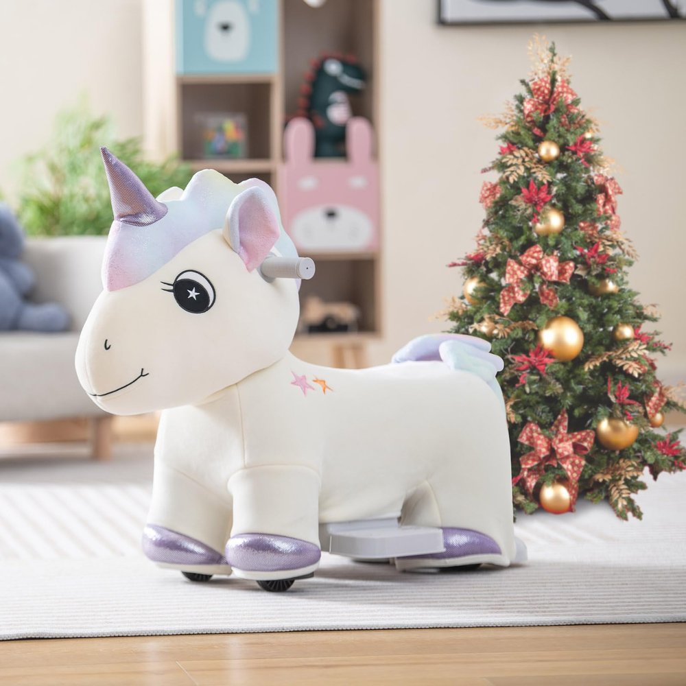 Costzon Kids Ride on Toy Car, 6V Battery Powered Electric Ride on Animal Toy with Comfortable Fabric, Wheels, Foot Pedal, Music, Forward Functions, Cute Ride on Horse Riding Pony for Girls Boys