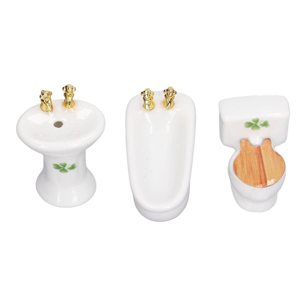 1:24 Dollhouse Miniature Bathroom Set, Ceramic Simulation Bathtub Toilet Sink, Miniature Furniture, Mini Ceramic Bathroom Furniture Set for Dollhouse Restroom Decoration (Grass Pattern)