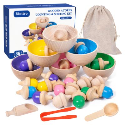 Biottro Montessori Sorting Toys for Toddlers 3 4 5 Year Old Wooden Acorns Toy with Storage Bag Preschool Learning Educational Toys for Kids Boys Girls