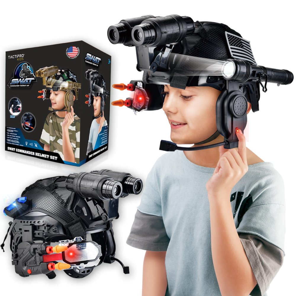 Kids Toys SWAT Commander Helmet. Army Soldier Military Police Gear 8 PC Set. Flashlight, Megaphone Soft Dart Toy Gun 4X Binoculars Patch & Cover. Dress Up for Boys & Girls Indoor & Outdoor game. Black