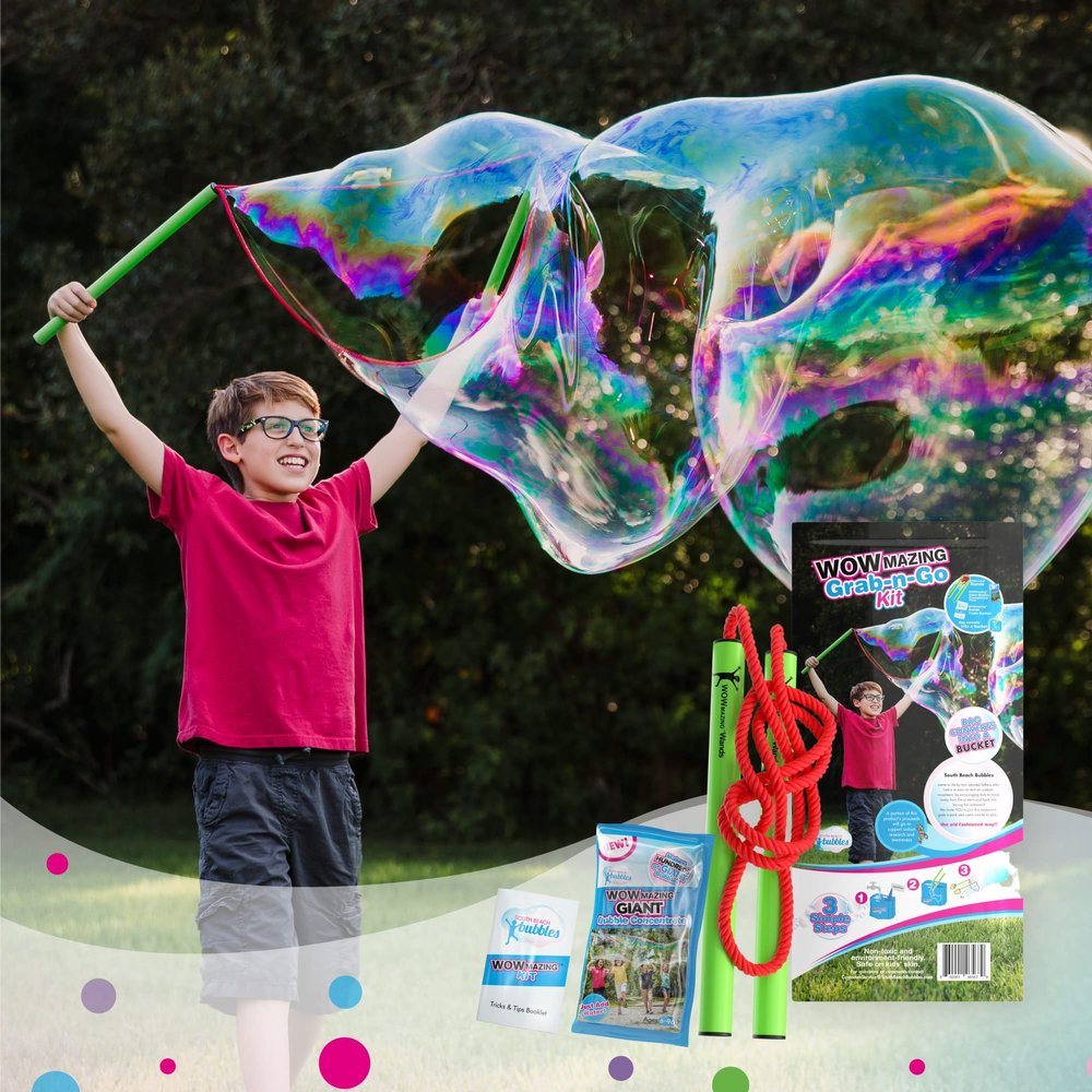 WOWmazing Grab-N-Go Kit: Incl. Wand, Jumbo Bubble Concentrate, Bucket, and Tips & Trick Booklet | Outdoor Toy for Kids, Boys, Girls | Bubbles Made in The USA
