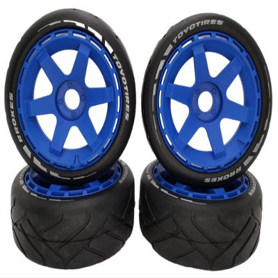 NHX RC 1/8 On Road Touring Car Tires with Blue17mm Hex 6-Spoke Rims (4) - Hobao GTLE/GTSE/VTE