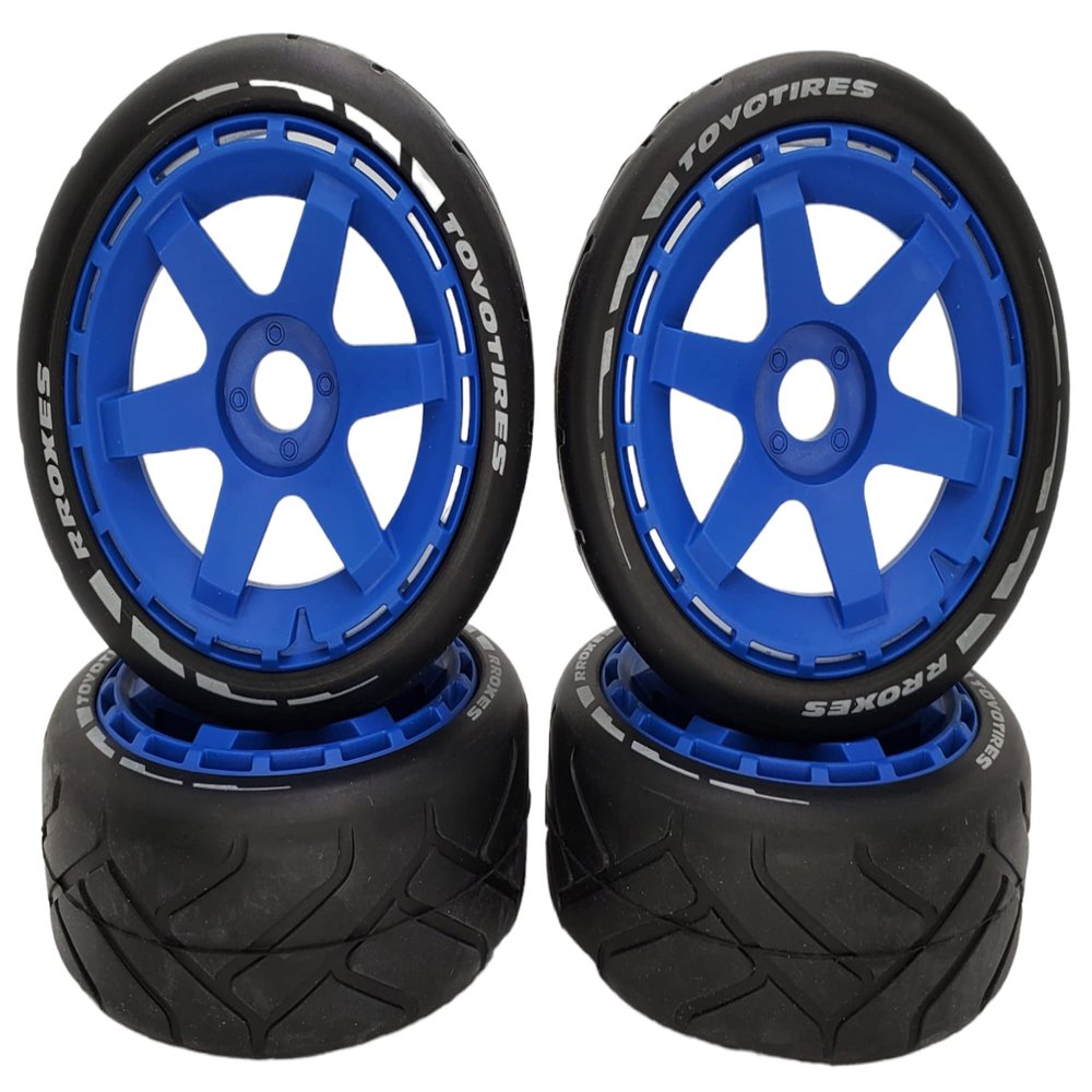 NHX RC 1/8 On Road Touring Car Tires with Blue17mm Hex 6-Spoke Rims (4) - Hobao GTLE/GTSE/VTE