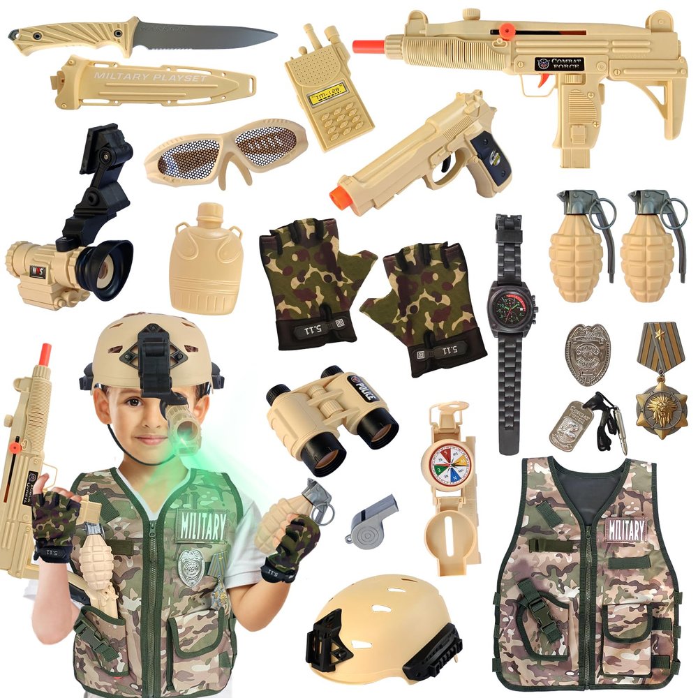 20 Piece Army Costume for Kids, Soldier Military Dress up for Boys 3-10, Kids Army Gear Role Play, Halloween Costume Camouflage Set with Vest, Camo Gloves, Helmet, Halloween Christmas Gift for Kids