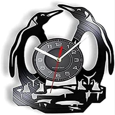 Round Wall Clock 12 Inchs South Pole Penguins Wall Clcok Made of Real Vinyl Record Iceworld Polar Animal Wall Watch Non-Ticking Kids Nursery Decorative Gift
