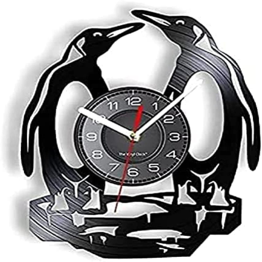 Round Wall Clock 12 Inchs South Pole Penguins Wall Clcok Made of Real Vinyl Record Iceworld Polar Animal Wall Watch Non-Ticking Kids Nursery Decorative Gift